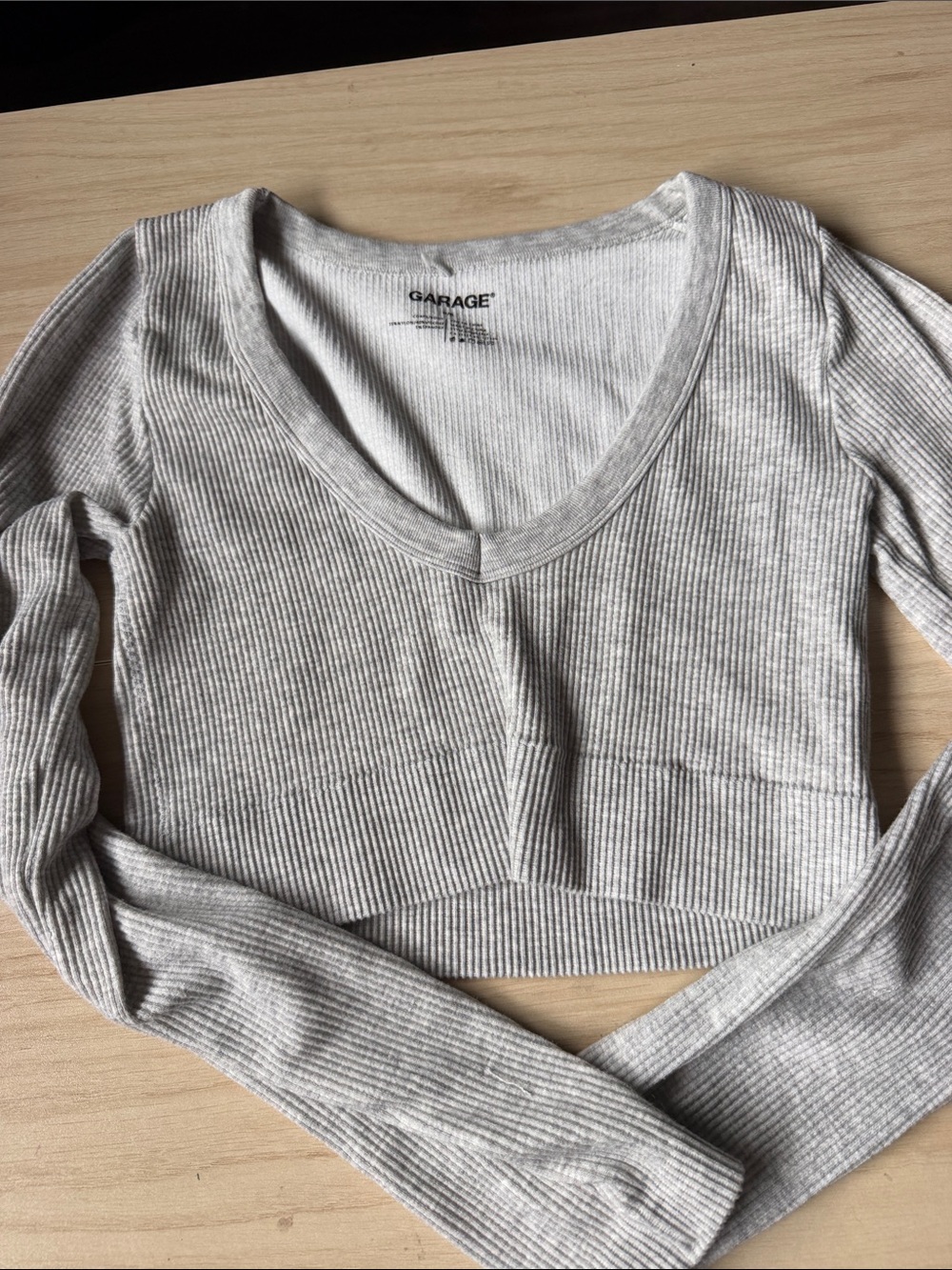Garage Light Gray Ribbed V-Neck Long Sleeve Crop Top